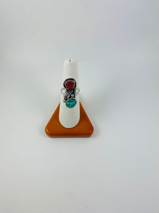 Sterling Silver Turquoise and Coral Ring Size 8 1/4