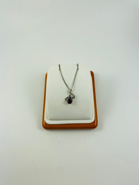 14K White Gold Pear Shape Garnet and Diamond Necklace 18in