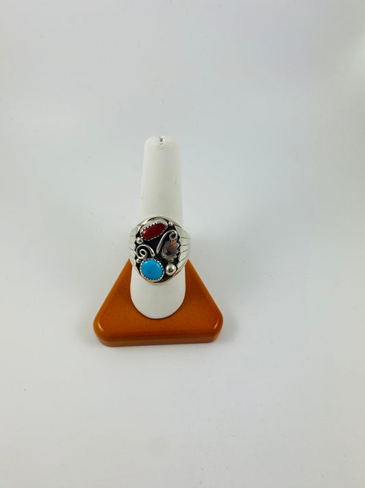 Sterling Silver Men’s Turquoise and Coral Ring Size 11
